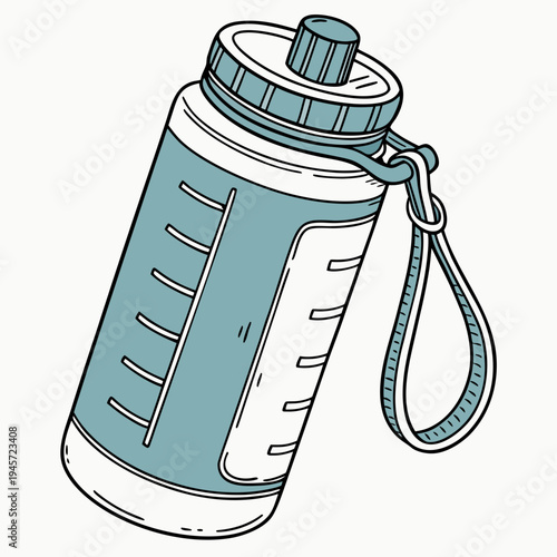 A blue and white water bottle with a wrist strap