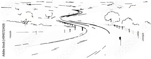 Winding road through a sparse, stylized landscape with trees and fence