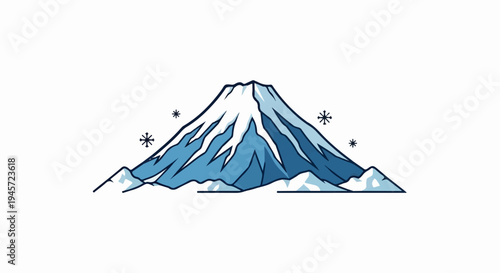 Stylized snow-capped mountain with snowflakes against a white background