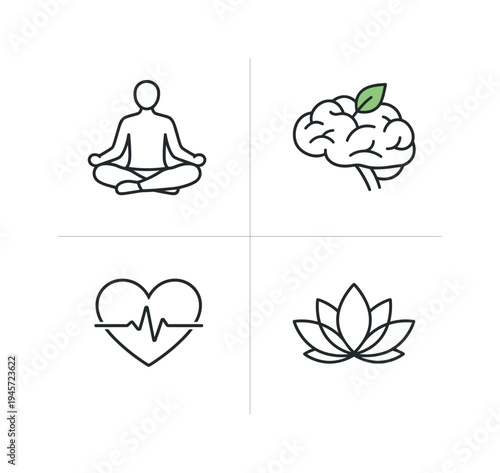 Set of icons representing wellness, mindfulness, and healthy living concepts. Four minimalist line art icons symbolizing meditation, brain health, heartbeat, and a lotus flower