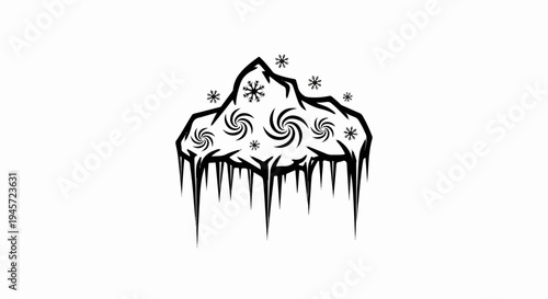 Stylized snowy mountain with swirling vortex patterns and icicles