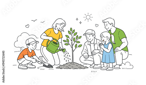 Family planting a tree together in the garden on a sunny day. A diverse family is actively engaged in planting a young tree, symbolizing growth and environmental care