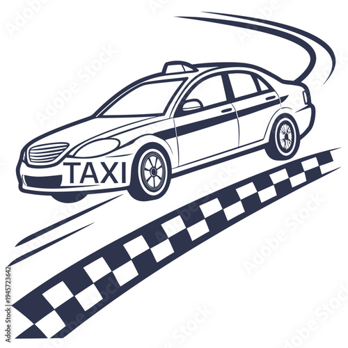 Taxi car driving on road with checkered flag pattern with white background