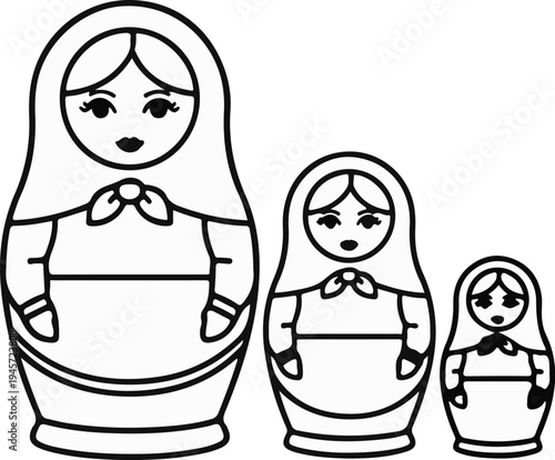 Three nesting dolls arranged in descending size order, each with a headscarf and scarf