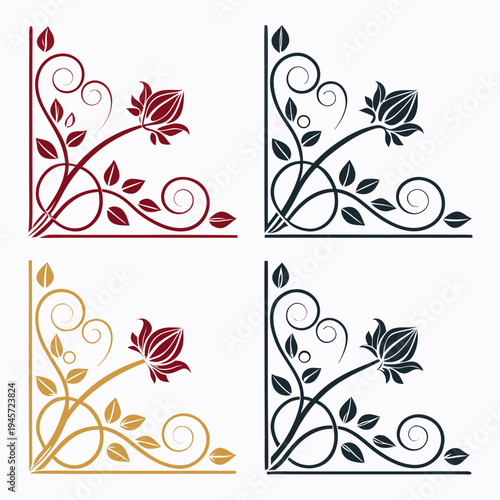 Floral corner accents set: red, black, gold ornate design elements