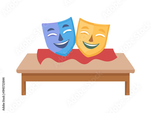 Comedy and tragedy theater masks on wooden table with colorful cloth .vector icon
