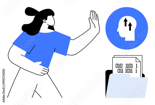 Data protection. Individual rejecting data sharing with binary files and head with arrow symbol. Data protection as a privacy safeguard for cybersecurity, privacy rights, sensitive information