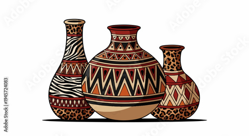 Three patterned ceramic vases with African-inspired designs