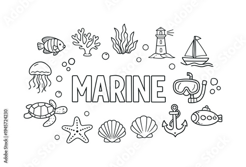 Marine life and nautical elements illustration with the word MARINE in the center. A charming black and white illustration featuring various marine creatures and nautical symbols