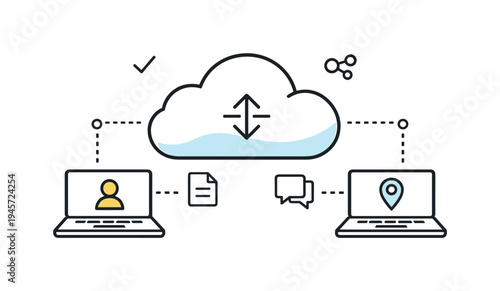 Cloud computing network connecting laptops with user data and location services. Digital illustration depicting a cloud server connected to two laptops, one showing a user icon and