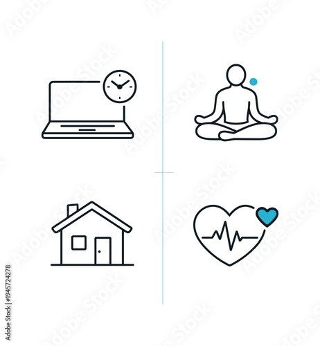 Work-life balance icons: laptop, meditation, home, and heart health. A collection of four simple line icons representing key aspects of a balanced lifestyle: time management