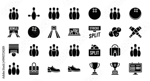 Collection of bowling icons showcasing various elements of the sport including pins, balls, alleys, and trophies