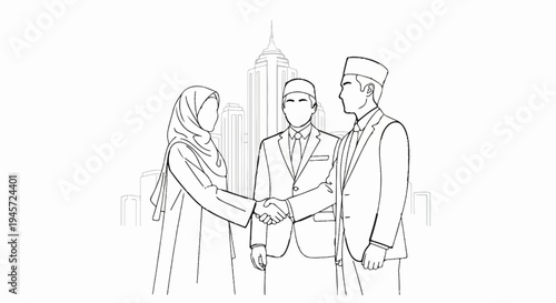 Three people in business attire shake hands in front of city skyscrapers