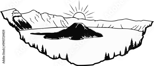 Sun rises over a conical mountain in a lake surrounded by cliffs and trees