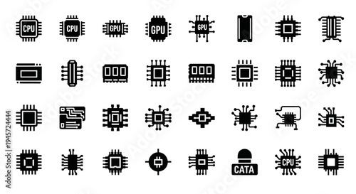 A diverse collection of sleek, minimalist icons representing essential computing components like microchips, CPUs, GPUs, and RAM, ideal for technology design projects