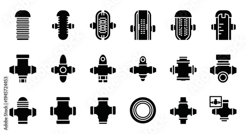Collection of Mechanical Joints and Fittings Represented as Black Icons on a White Background