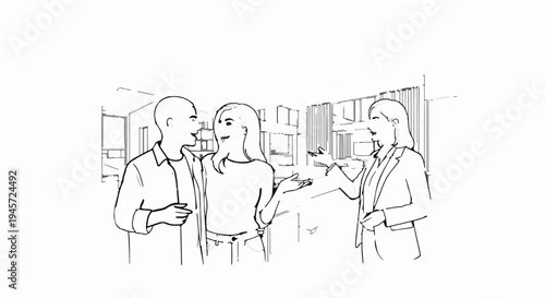 Three people in discussion within a modern interior space