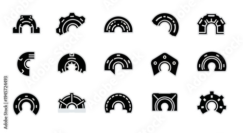 Collection of diverse stylized architectural archway icons in black and white representing various geometric forms and structural designs for creative applications