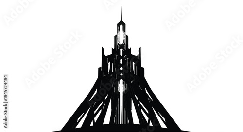 A stark black gothic architectural silhouette rises sharply against the bright white negative space, suggesting a dark fantasy castle or monument.