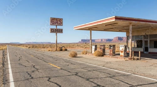 Abandoned Gas Station on Desert Highway Under Clear Blue Sky