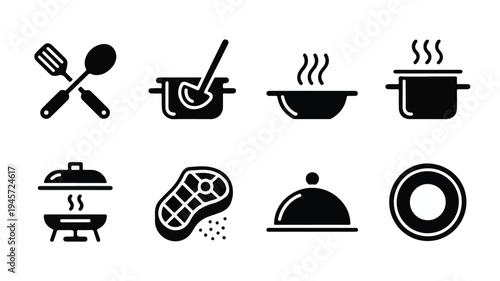 A set of cooking utensils and dishes on a table with food