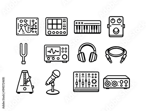 Collection of music production and audio equipment icons in a clean line art style. A set of black and white line art icons representing various music production tools and audio