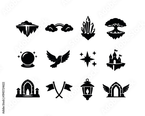 Fantasy and magic icons collection: iceberg, rainbow, crystals, tree, orb, dove, castle. A collection of black fantasy and magic icons including a floating iceberg, rainbow