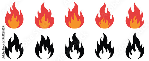 Fire icon fire flame symbol and bonfire silhouette logotype set, flat style vector flames for heat energy campfire danger warning cooking and branding graphics isolated on white background