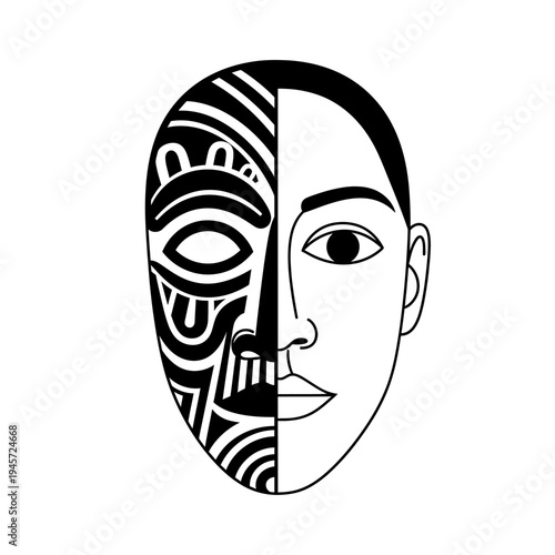 Split Face: Half Human, Half Abstract Tribal Mask with Eye Symbol