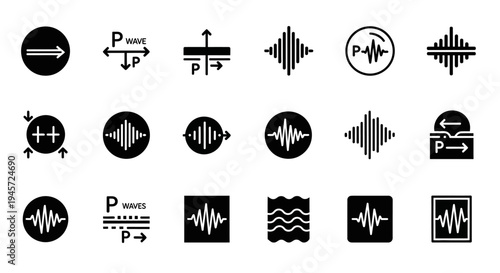 Collection of Seismic Wave and Sound Wave Icons Representing Scientific Concepts and Measurement