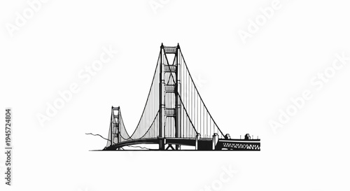 Stylized sketch of a suspension bridge with prominent towers and cables against a white background