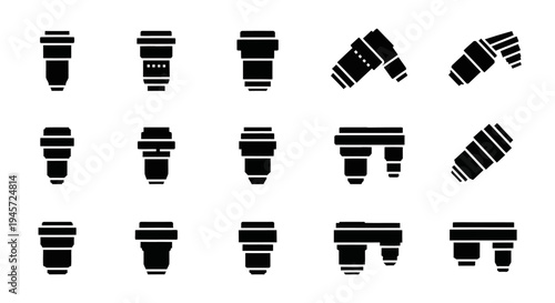 Collection of various camera lens icons representing photographic equipment and optical accessories for digital photography