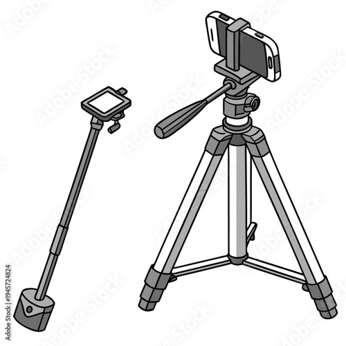 A smartphone tripod and a selfie stick with phone holder