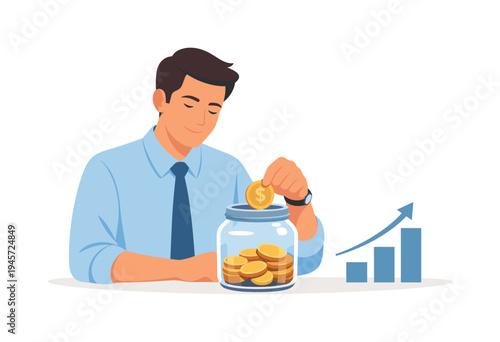 Man saving coins in a jar with a financial growth chart in the background. A man in a blue shirt and tie deposits a gold coin into a glass jar filled with coins, symbolizing