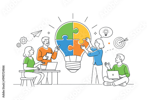 Team collaborating on a puzzle lightbulb idea, symbolizing innovation and teamwork. Diverse group of people working together to assemble a colorful puzzle forming a lightbulb