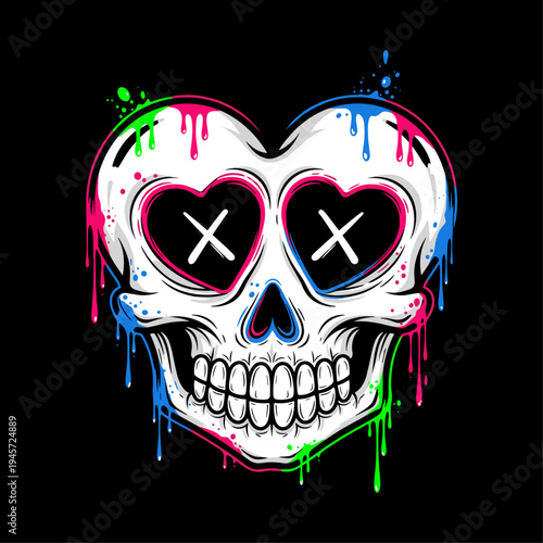 Colorful heart shaped skull graffiti art.