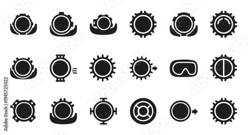 Collection of industrial and steampunk helmet and gear icons, illustrating mechanical and retro-futuristic designs