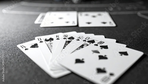 Monochrome close-up of a triumphant Royal Flush in spades, fanned out on a poker table with other cards blurred in the background, signaling a definitive win in a high-stakes game.