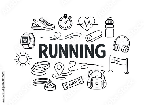 Running doodle art with icons for fitness and outdoor activities. A collection of hand-drawn icons representing running, fitness, and outdoor adventure, centered around the word