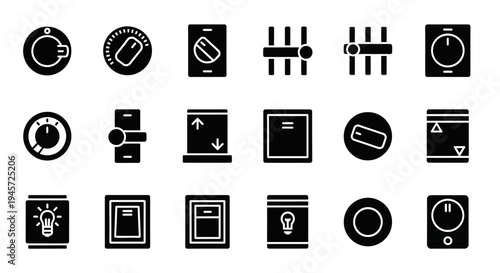 Collection of various icon designs for controls, switches, and settings, featuring rotary dials, sliders, and toggle buttons for user interfaces