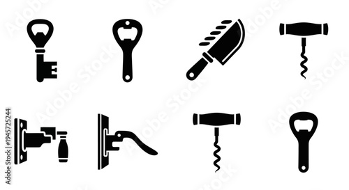 Collection of kitchen utensils and bar tools, including bottle openers, corkscrews, and a knife