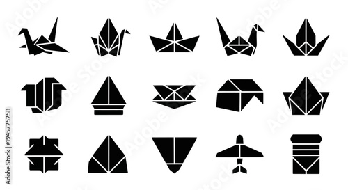 Diverse collection of minimalist origami vector icons, featuring various folded paper shapes like cranes, boats, and abstract designs, ideal for graphic projects and cultural themes