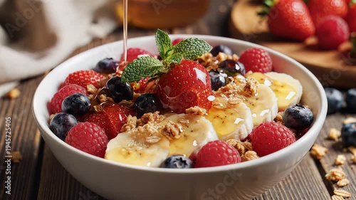 Close up of a fruit bowl with granola berries and banana slices