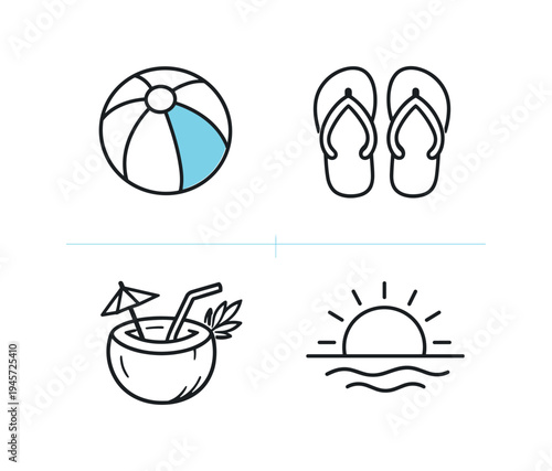 Summer vacation icons: beach ball, flip-flops, coconut drink, and sunset over ocean. A collection of simple line art icons representing summer vacation elements like a beach ball