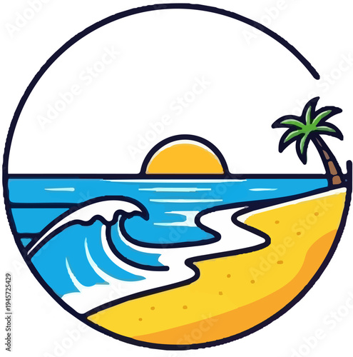 Sun setting over ocean waves and palm tree on sandy beach