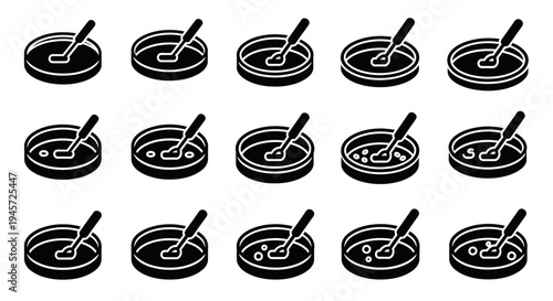 Scientific Laboratory Petri Dish Icons Collection Vector Set for Biological Research, Microbiology, and Experimentation in a Modern Monochrome Style