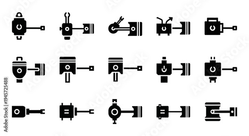 Automotive engine parts vector icon set, showcasing mechanical components like pistons, connecting rods, and crankshafts, ideal for engineering or vehicle projects