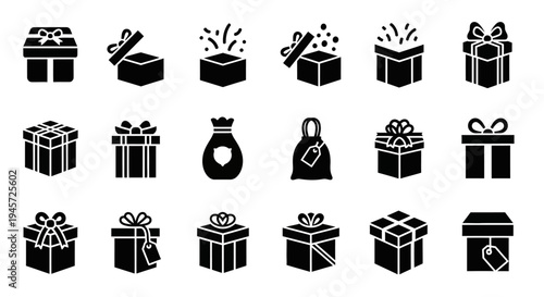 Versatile collection of silhouette gift box icons, perfect for holidays, celebrations, and special occasions, adding a touch of surprise and joy to any design project