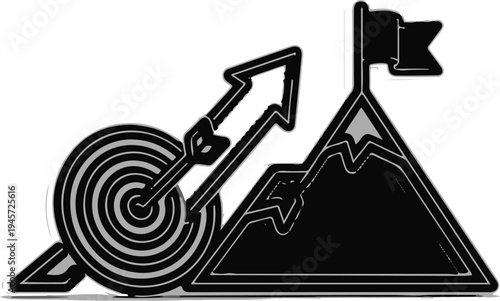Target with arrow ascending, a mountain peak with flag, symbolizing success