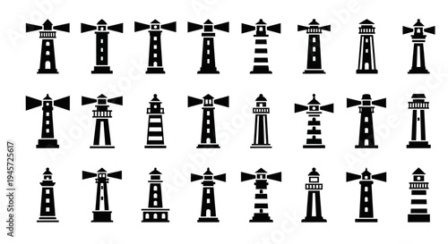Comprehensive collection of diverse lighthouse icons, offering essential maritime symbols for navigation, safety, and coastal themes in various graphic design and web application projects